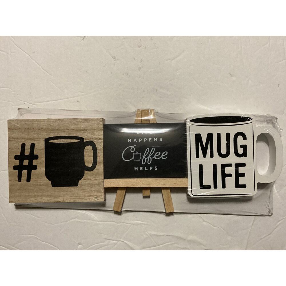 MUG LIFE Wood Home Cafe Kitchen Decor Coffee Shop Bar‎ Signs SET OF 3